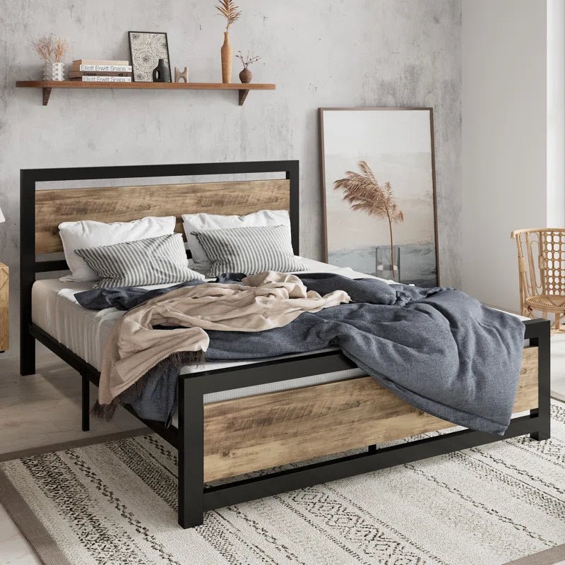 Marilee Wood and Black Metal Frame Low Platform Bed | Furniture | Waseeh Pakistan