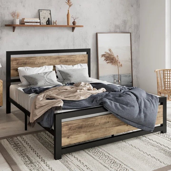 Marilee Wood and Black Metal Frame Low Platform Bed | Furniture | Waseeh Pakistan