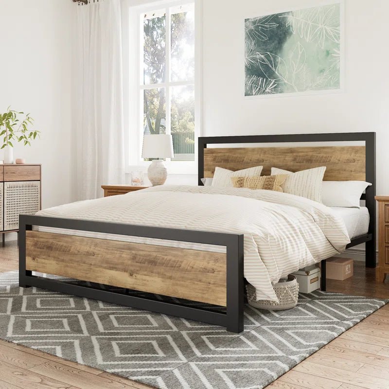 Marilee Wood and Black Metal Frame Low Platform Bed | Furniture | Waseeh Pakistan