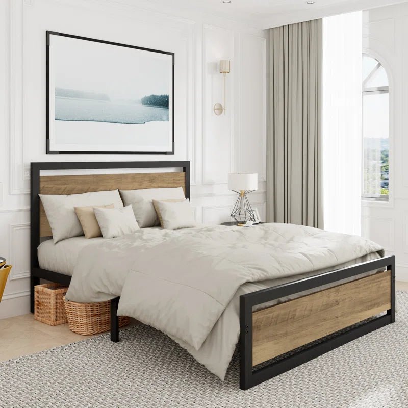 Marilee Wood and Black Metal Frame Low Platform Bed | Furniture | Waseeh Pakistan