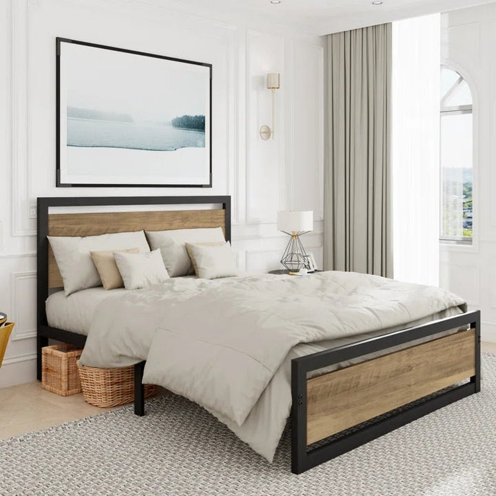 Marilee Wood and Black Metal Frame Low Platform Bed | Furniture | Waseeh Pakistan