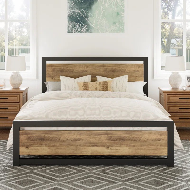Marilee Wood and Black Metal Frame Low Platform Bed | Furniture | Waseeh Pakistan