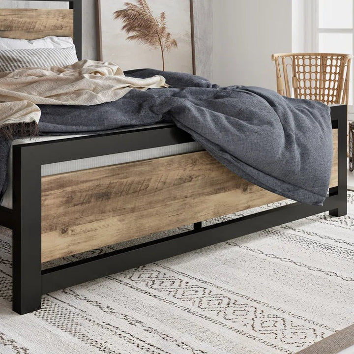 Marilee Wood and Black Metal Frame Low Platform Bed | Furniture | Waseeh Pakistan