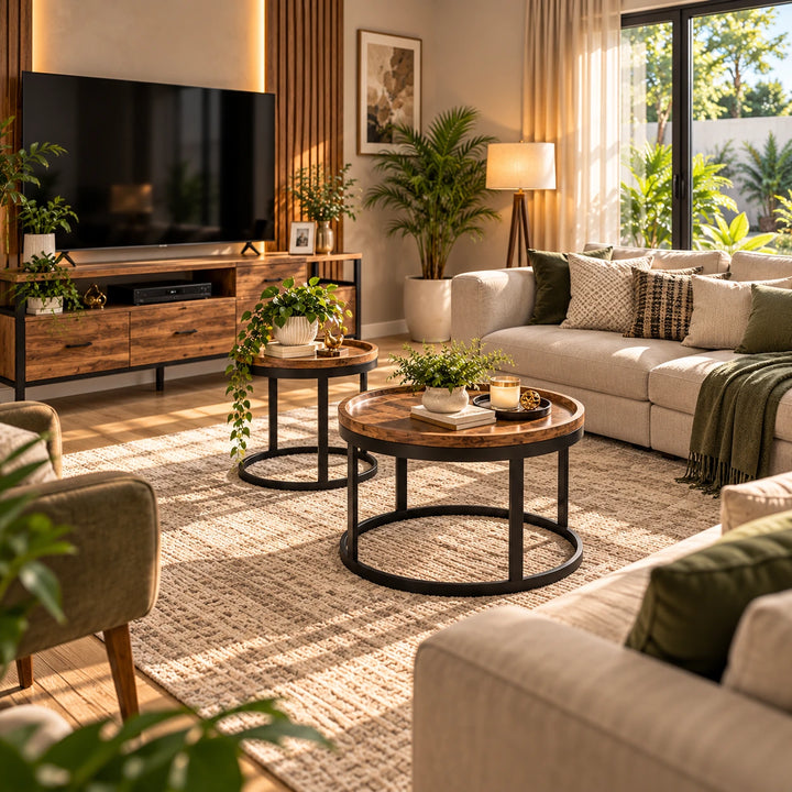 Two round brown-topped nesting coffee tables with black frames in a living room
