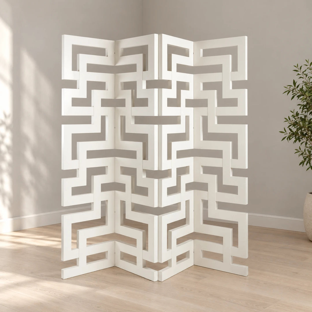 White Mazoora four-panel geometric room divider in natural light