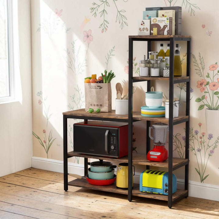 Black metal frame and engineered wood shelves detail on kitchen rack