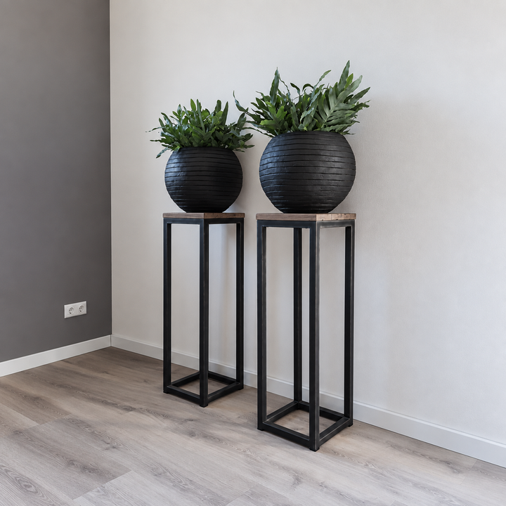 Two black metal pot stands holding potted plants beside white wall