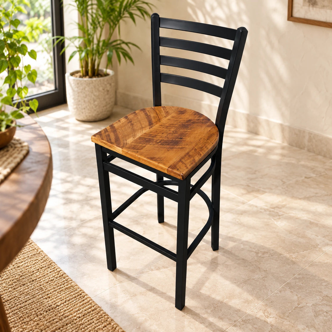 Mina chair with natural wooden seat and black metal ladder back in a sunlit home dining nook