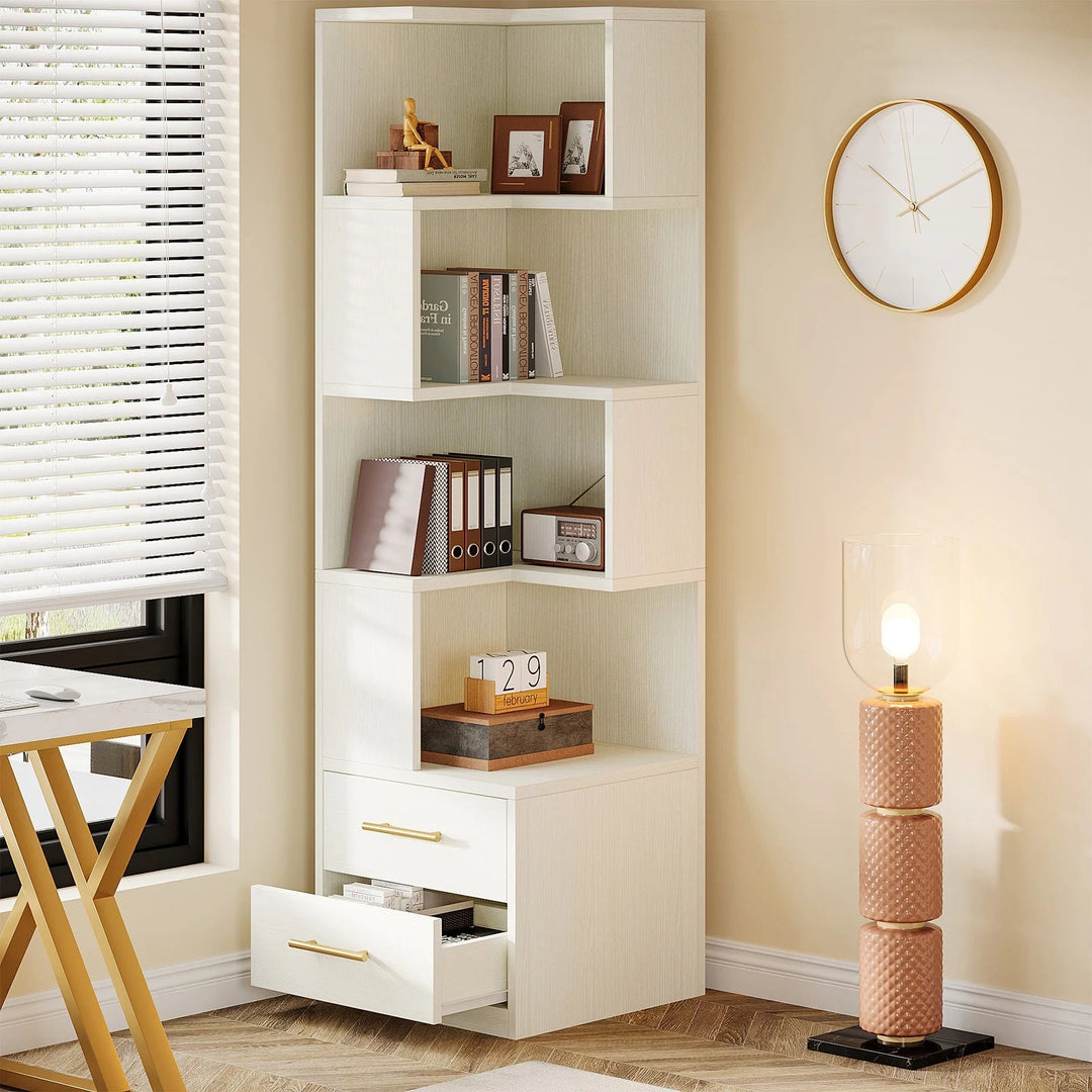 Minato L-Shaped Bookshelf, Corner Bookcase With 5-Tier Shelf And 2 Drawers READY TO DISPATCH SPRCIAL | Furniture | Waseeh Pakistan