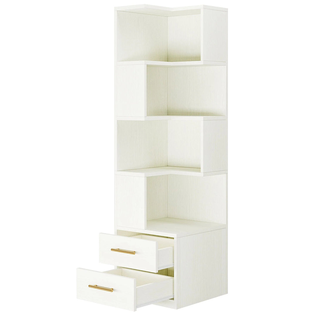 Minato L-Shaped Bookshelf, Corner Bookcase With 5-Tier Shelf And 2 Drawers READY TO DISPATCH SPRCIAL | Furniture | Waseeh Pakistan