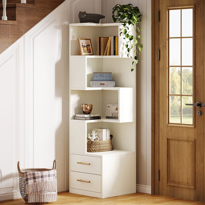 Minato L-Shaped Bookshelf, Corner Bookcase With 5-Tier Shelf And 2 Drawers READY TO DISPATCH SPRCIAL | Furniture | Waseeh Pakistan