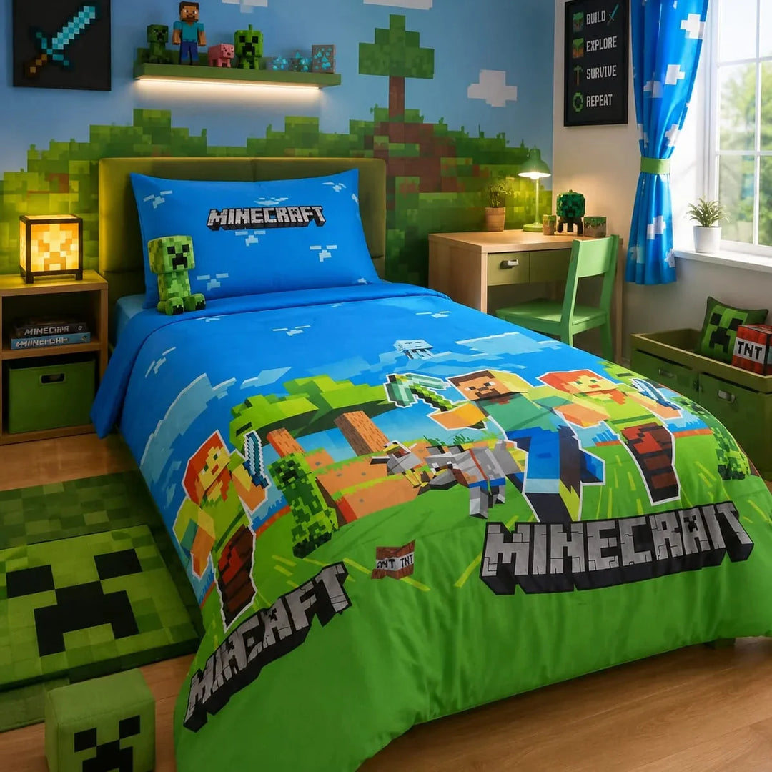 Kids single bed sheet with blocky pixelated world print