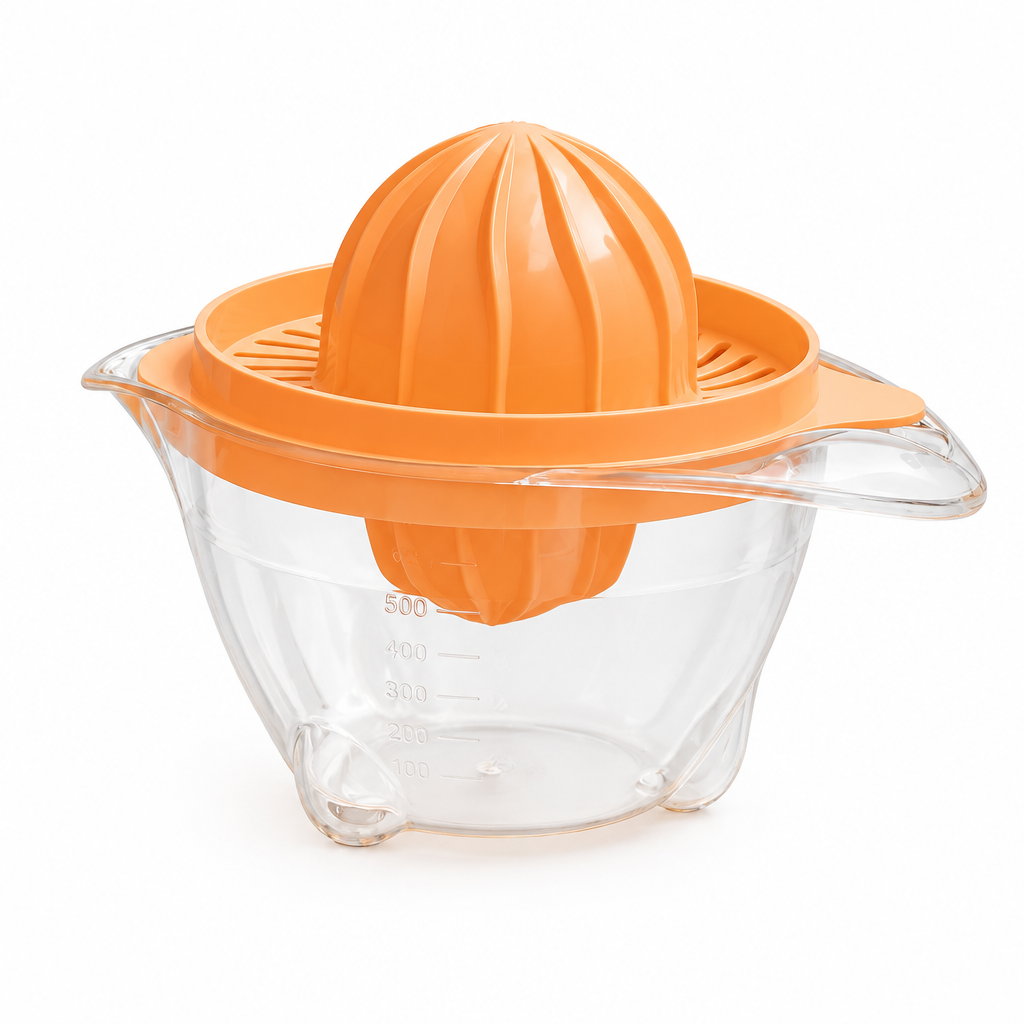 Orange citrus reamer on a clear manual juicer jug, shown on white
