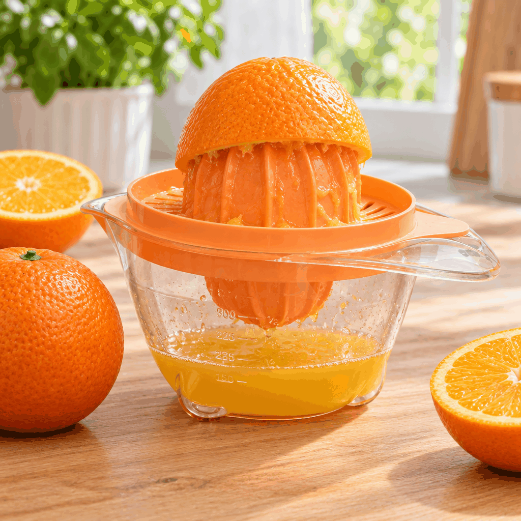 Orange manual citrus juicer with a clear collection jug and an orange half