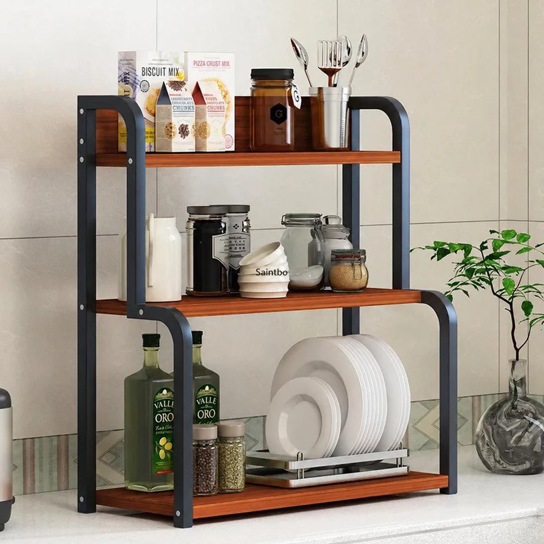 Three-tier Mini Wooden and Metal shelf rack staged with pantry jars, olive oil and dishes