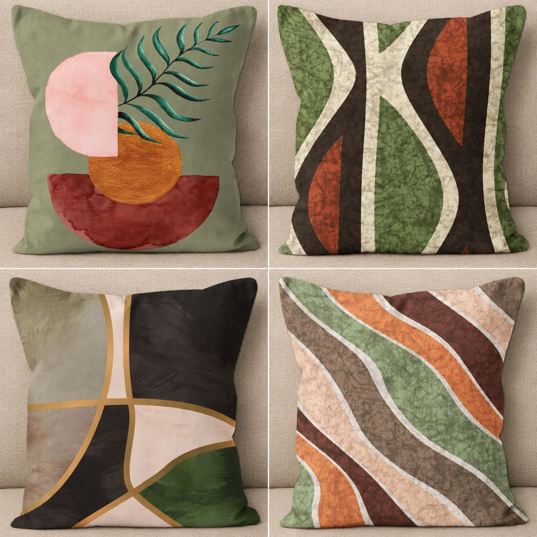Four Mirenza cushion-cover designs in a two-by-two layout against neutral upholstery; covers only, fillers not included.