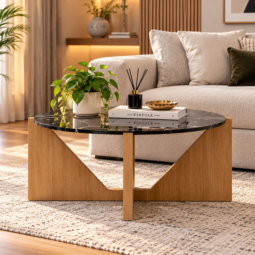 Miroee Jazz Living Lounge Round Coffee Table  Solid Wood Base 