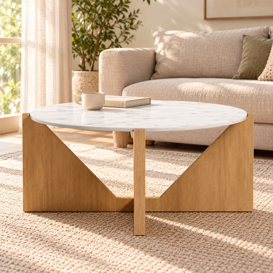 Miroee white marble-look round coffee table with intersecting wood base in a sunlit lounge