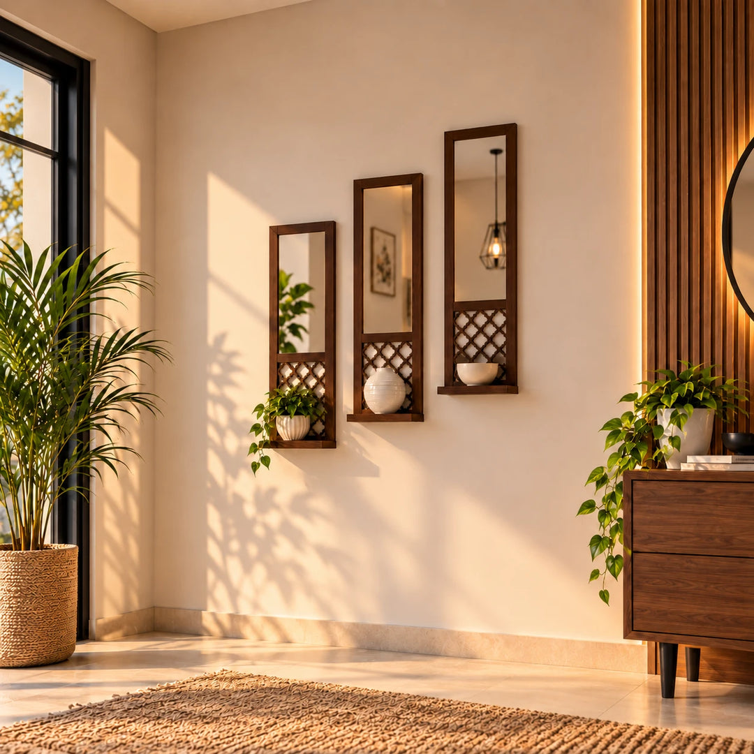 Set of three dark wood wall mirrors with lattice shelves styled with a plant, vase and bowl