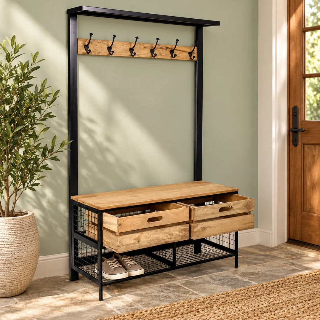 Mitchem hall tree with six hooks and wooden crate drawers styled in an entryway
