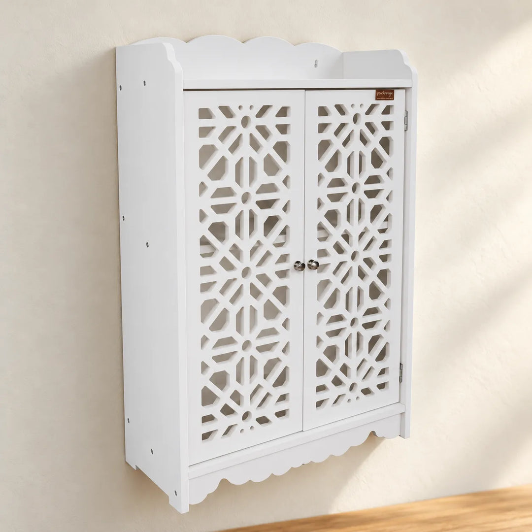 White Miza PVC wall organizer with its original lattice doors in a kitchen setting