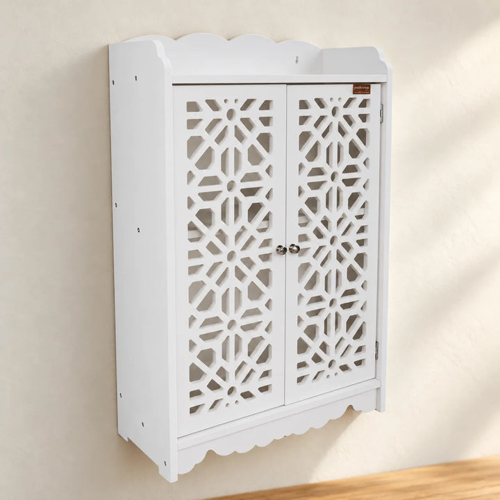 White Miza PVC wall organizer with its original lattice doors in a kitchen setting
