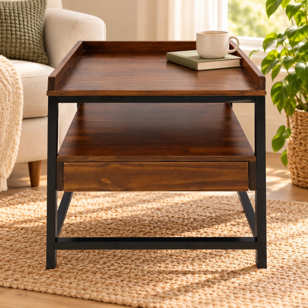 Mocha brown tray top side table with shelf and drawer styled with a book and cup