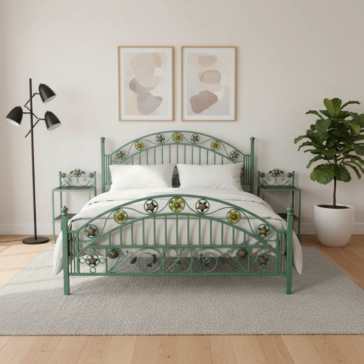 king-size metal bed set with two side tables
