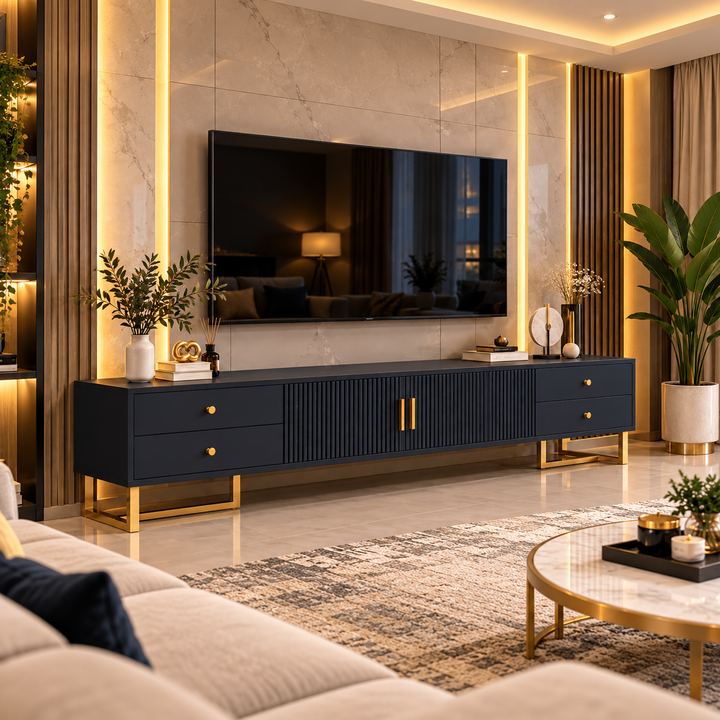 Dark fluted TV console with gold handles and rectangular gold metal legs in a living room