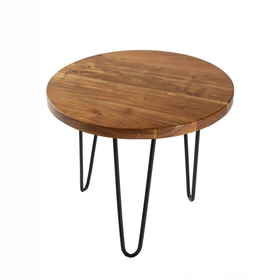 Round rustic wood nesting table with black hairpin legs on white background