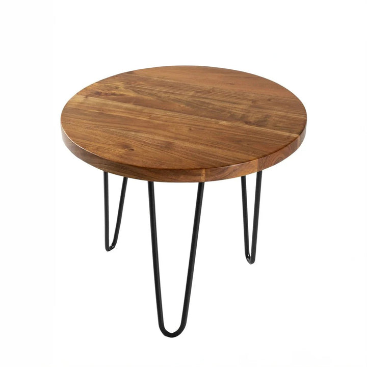 Round rustic wood nesting table with black hairpin legs on white background