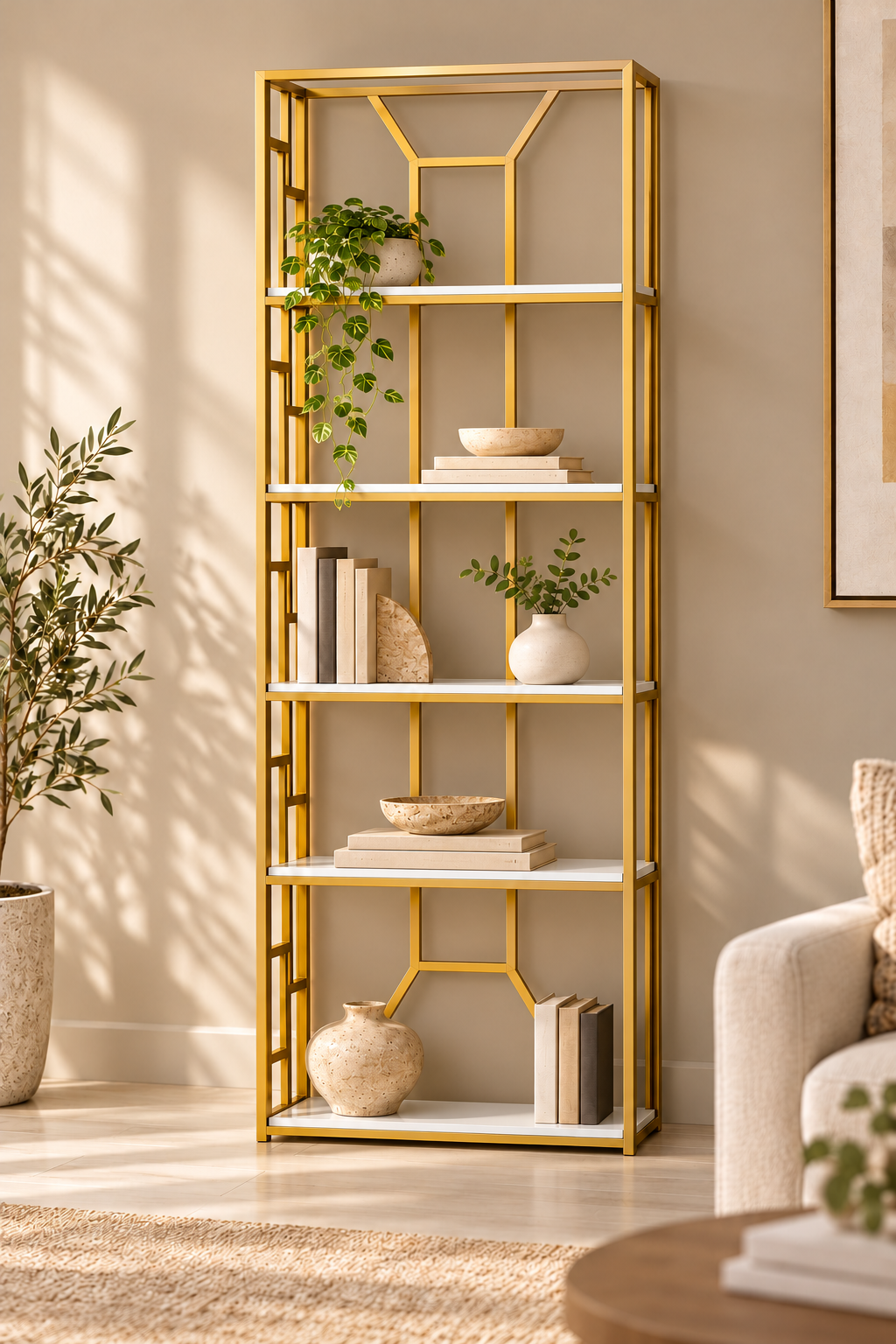 Morass Medium narrow gold five-shelf bookcase with white shelves against a sunlit living room wall