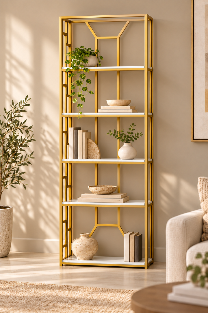 Morass Medium narrow gold five-shelf bookcase with white shelves against a sunlit living room wall