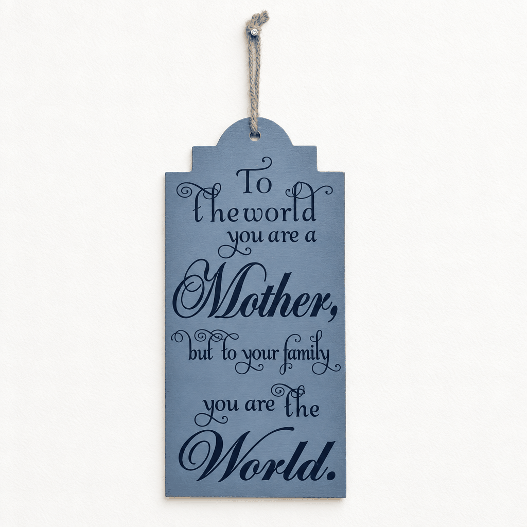 Grey tag-shaped hanging wall plaque with Mother quote in white lettering, front view