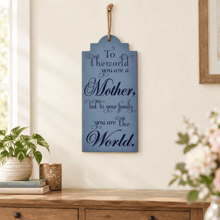 Grey tag-shaped wall caption decor with Mother quote hanging above wooden console