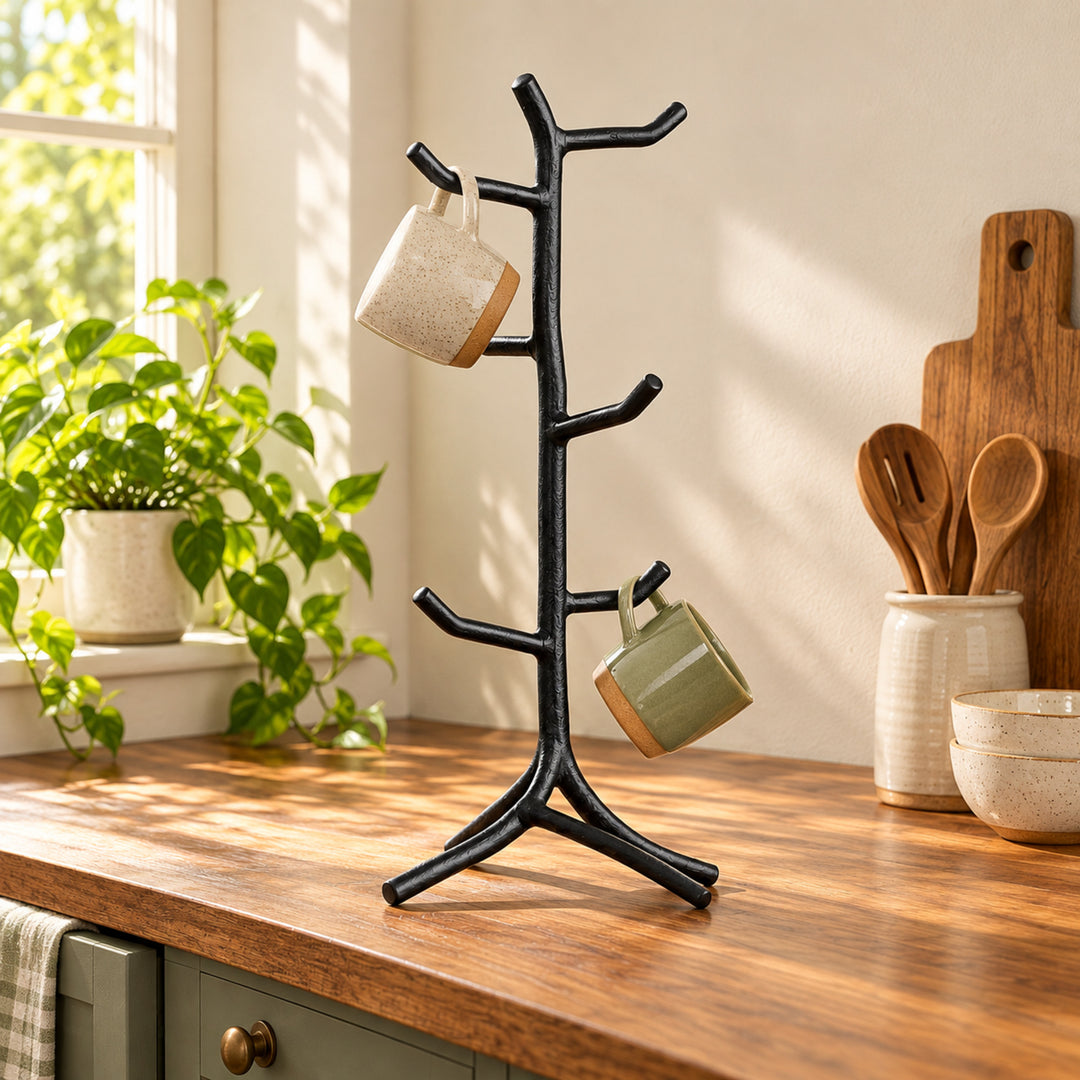 Mugloo mug tree concept lifestyle view with natural greenery and warm kitchen styling