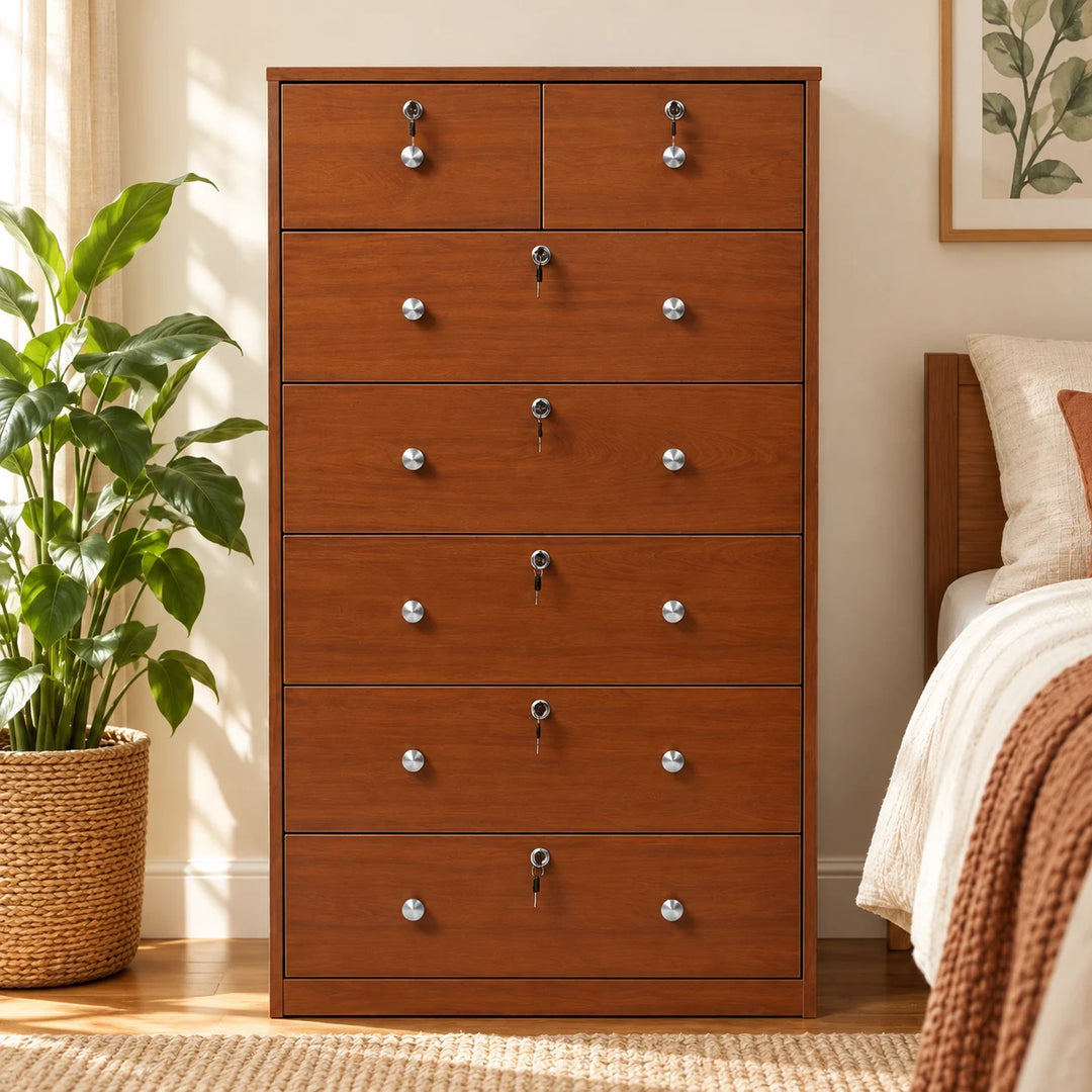 Brown multi drawer cabinet with silver pulls and locks styled beside a natural plant