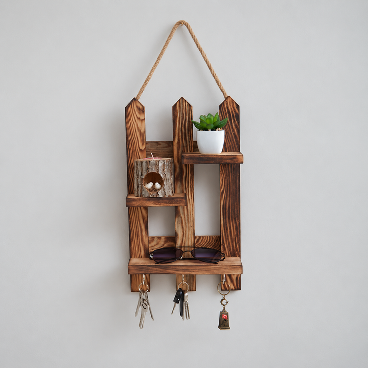 Rustic wood keychain wall rack shelf with rope hanger, holding plant and keys