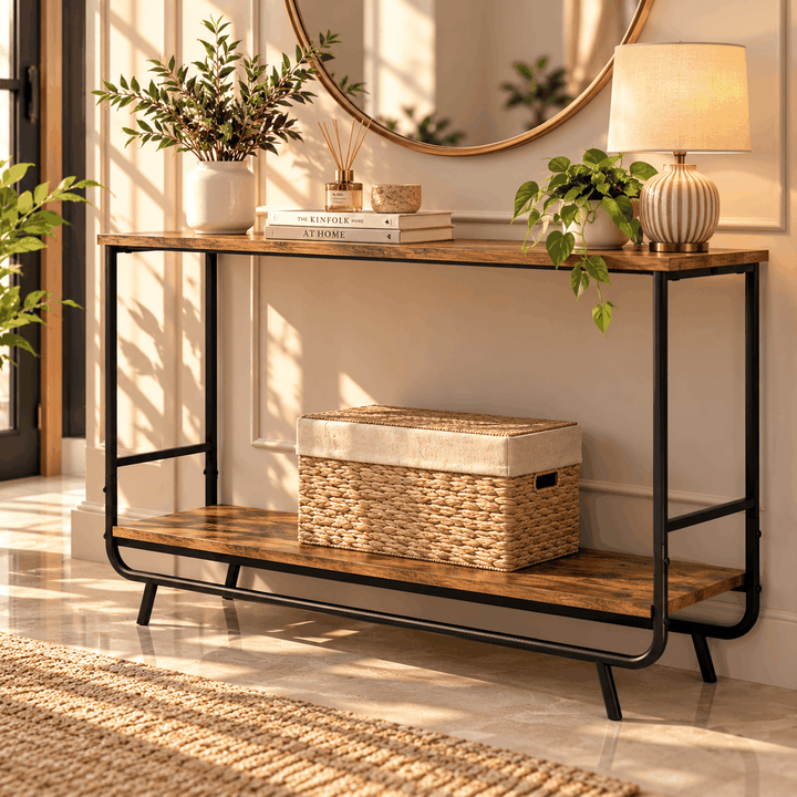 Rustic wood console table with black metal frame, woven basket and plants under round mirror
