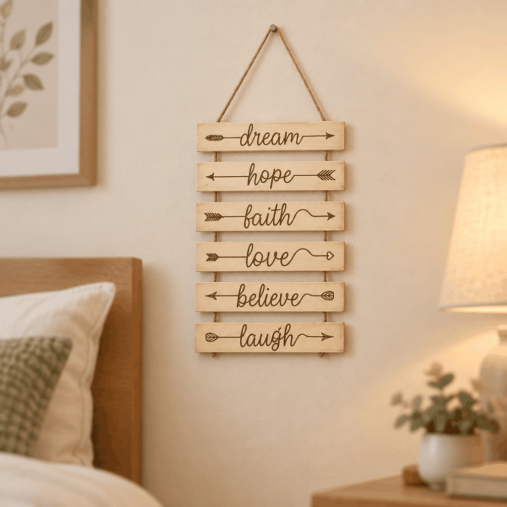 Natural wood arrow wall caption decor with six hanging word signs in bedroom