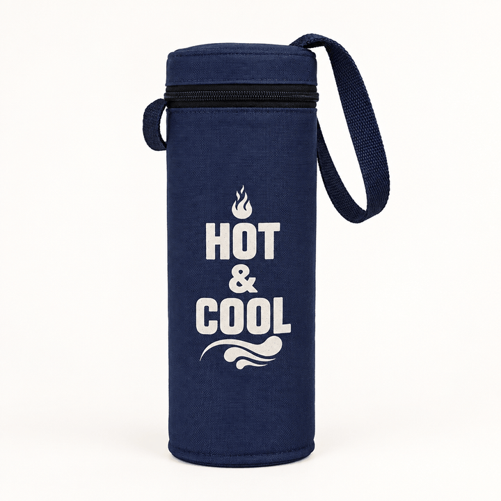 Navy Hot and Cool bottle bag with a zip closure and carrying strap