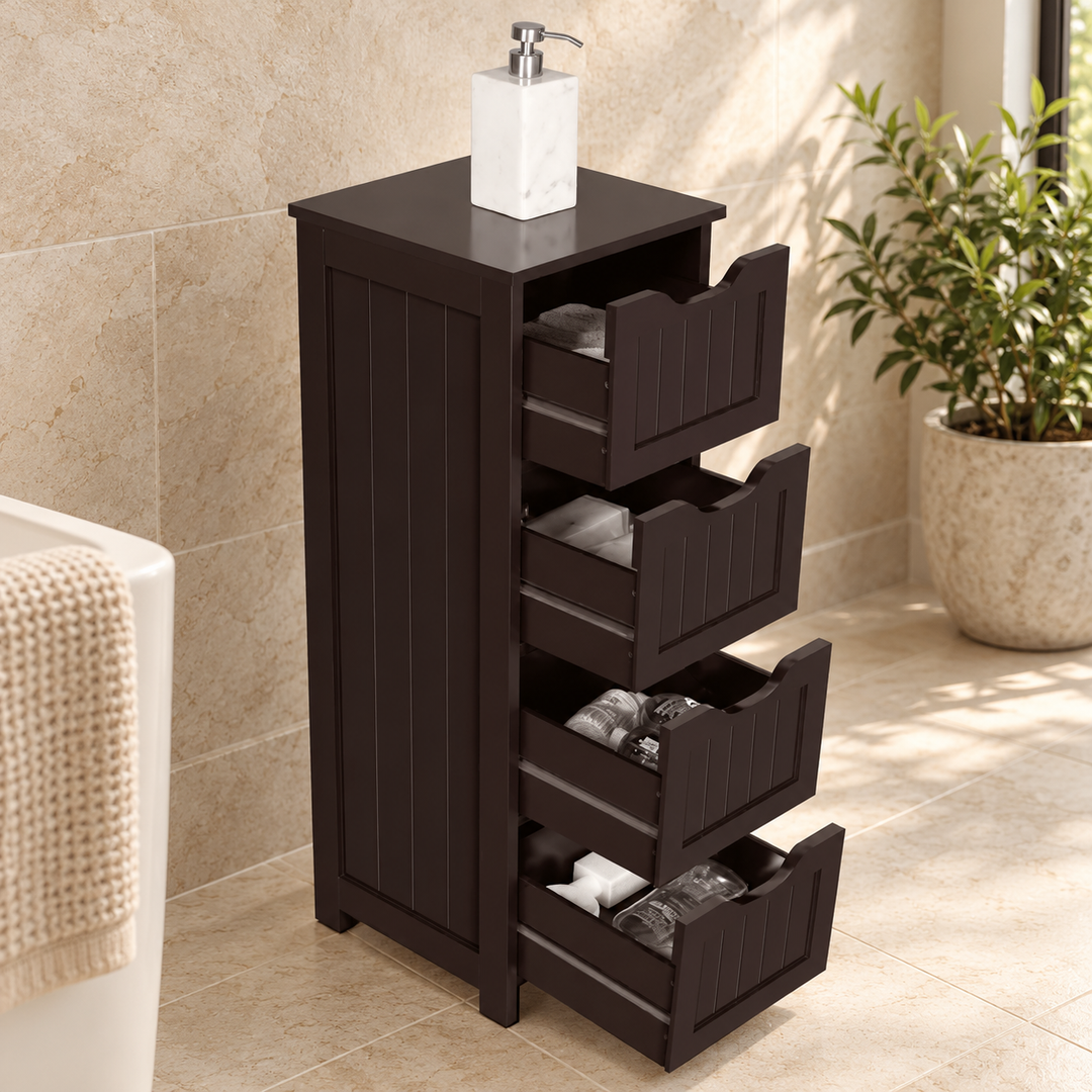 Neoteric dark espresso four-drawer cabinet with partly open drawers in a sunlit bathroom