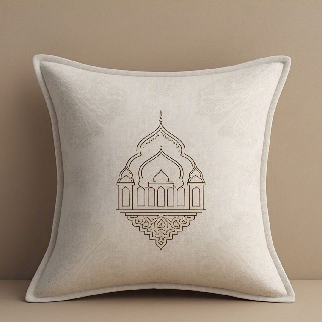 Cream Ramadan cushion cover with mosque dome line art design