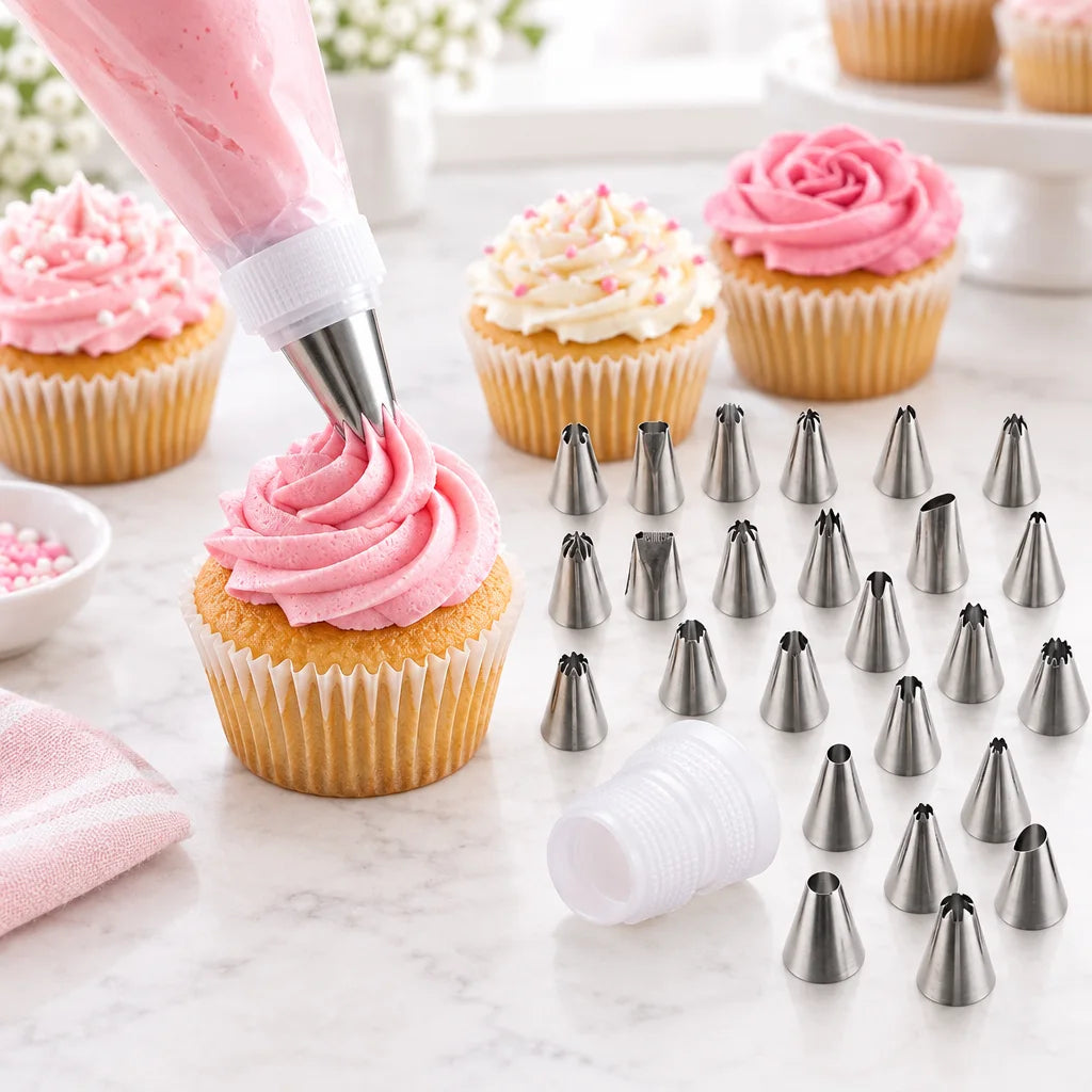Cake-decorating nozzle piping pink frosting onto a cupcake
