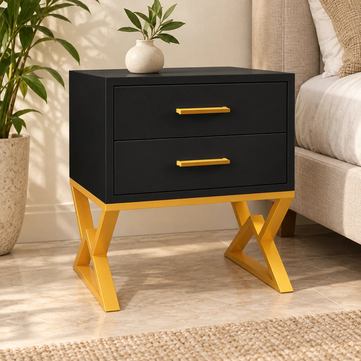Nugatory black two-drawer bedside table with gold powder-coated crossed legs in a daylight bedroom