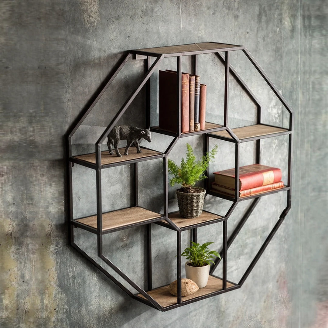 Black octagonal wall shelf with brown platforms, books and plants