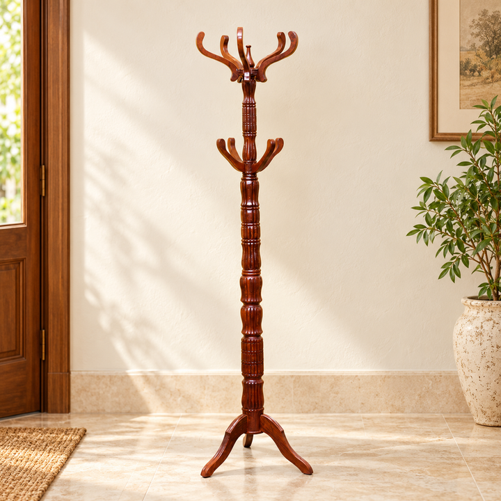 Old Coaster carved shisham coat stand with curved hooks in a sunlit entryway