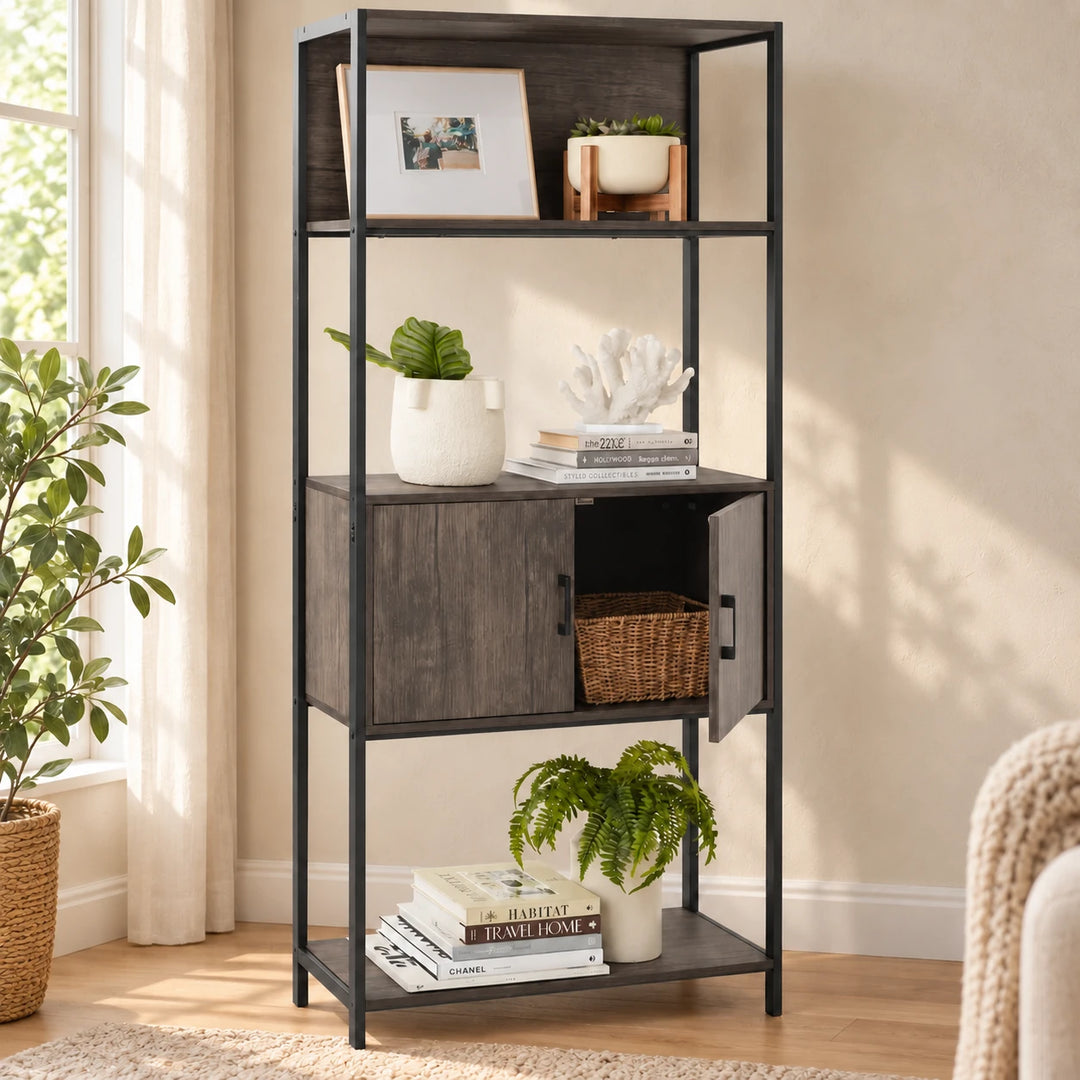 Charcoal-brown storage cabinet rack with dark metal frame and open right cupboard door in a sunlit room
