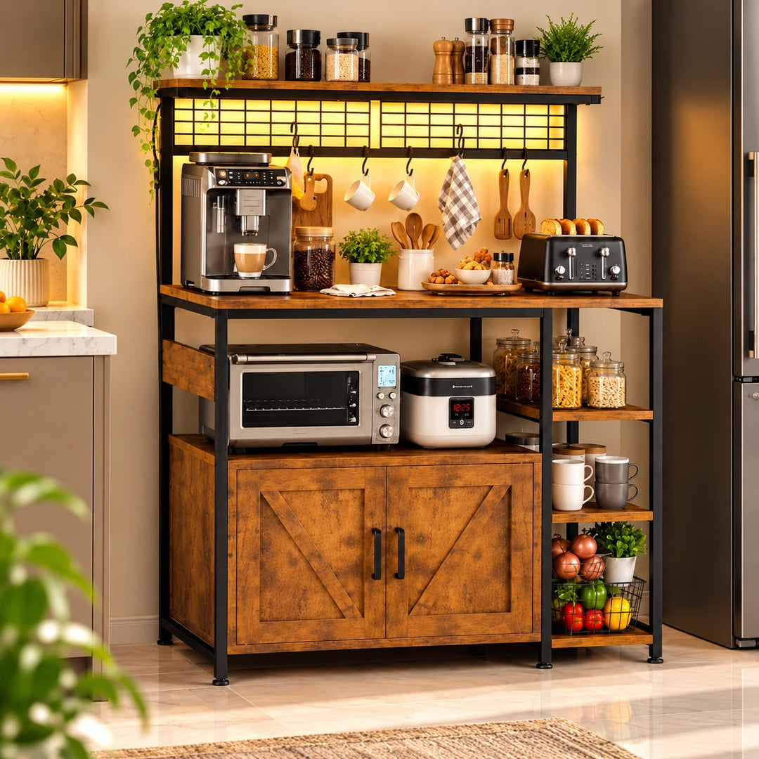 Rustic brown bakers rack with LED light, lower cabinet, microwave and coffee machine in kitchen