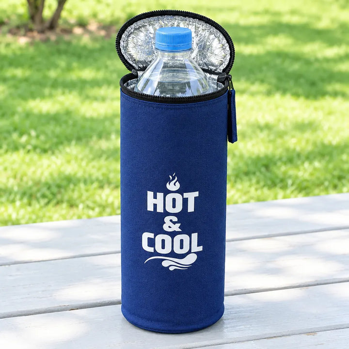 Open navy Hot and Cool bottle bag holding a water bottle on an outdoor table